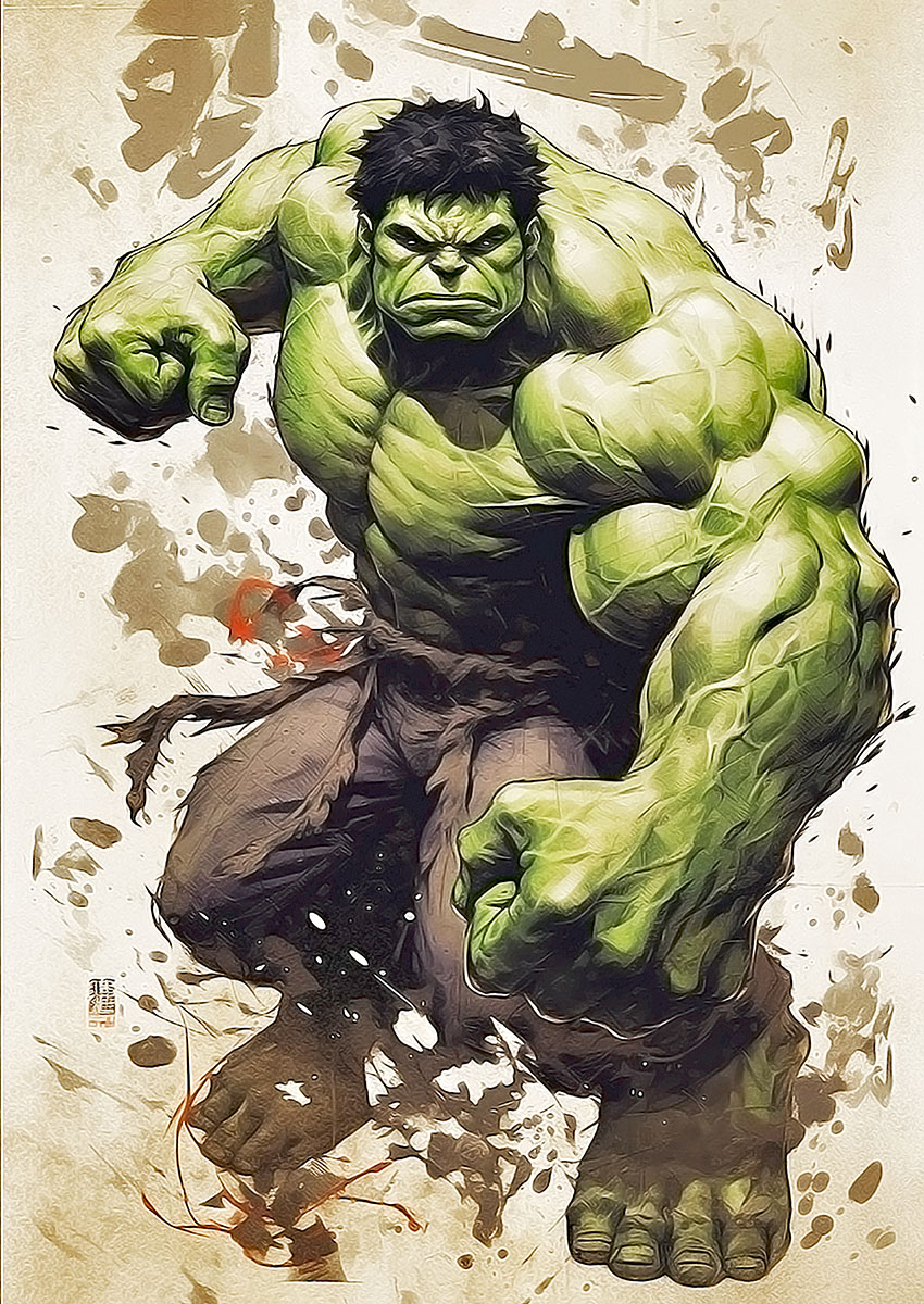 Dynamic artwork of a Hulk style superhero showcasing strength and determination in an energetic pose.